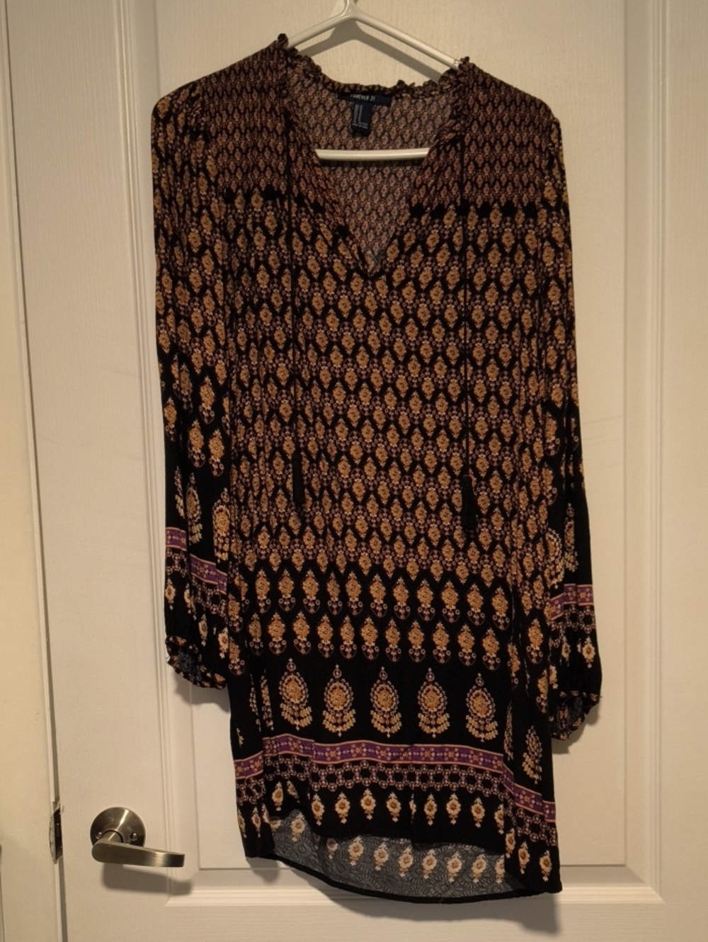 Forever 21 Black Dress with Gold Print and Purple Accents